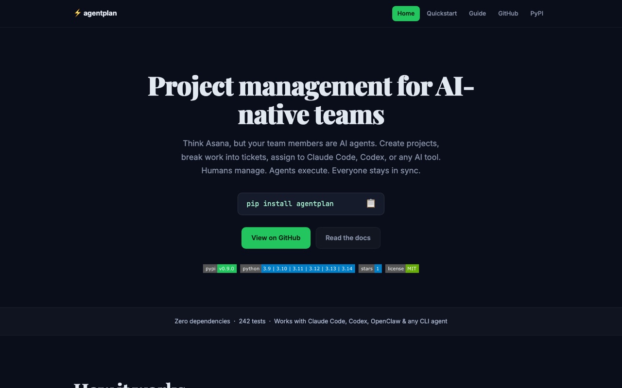 agentplan website showing project management for AI-native teams and the PyPI install command.