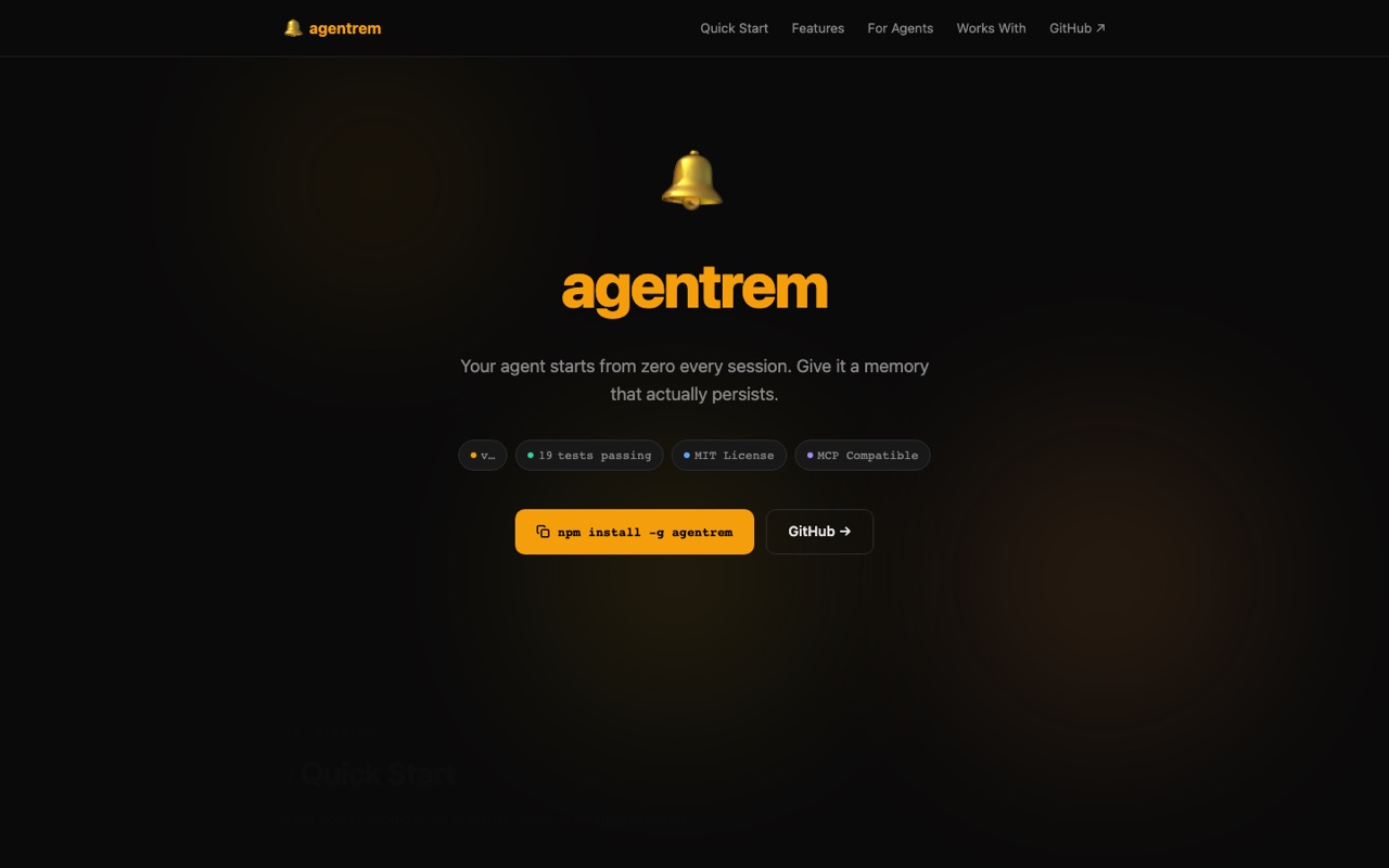 agentrem website showing the install command, status badges, and agent reminder positioning.