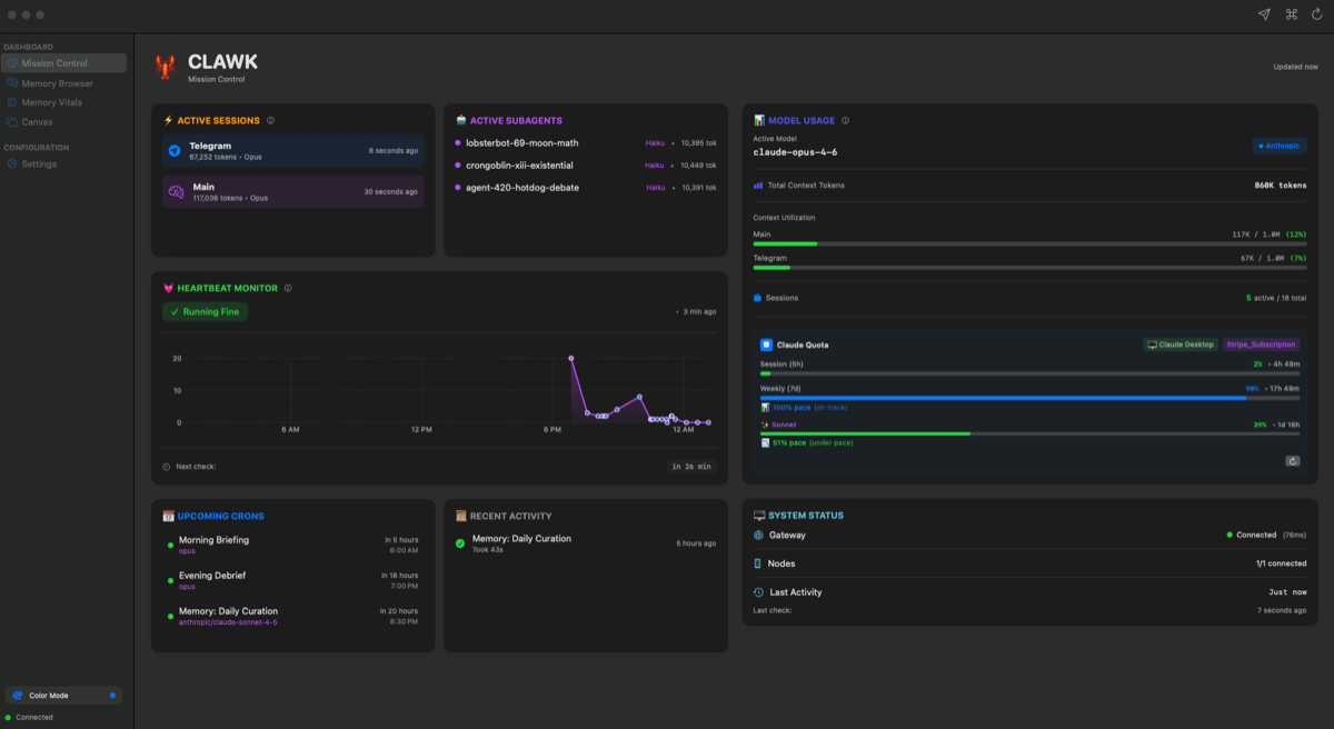 ClawK mission-control screen showing OpenClaw sessions, status, and operational cards in a macOS app.