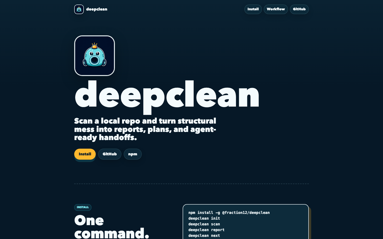 Deepclean landing page showing local repo structure reports for fast-moving AI-assisted repositories.