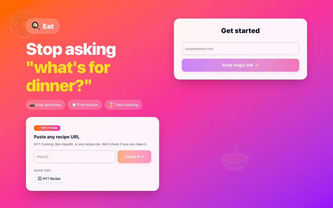Eat web app landing page with recipe URL checker and magic-link sign-in.