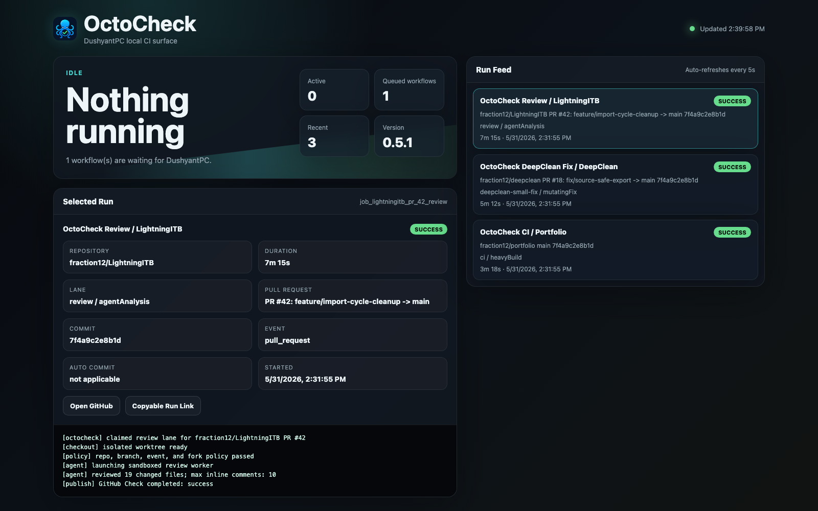 OctoCheck dashboard showing queue state, recent GitHub check runs, selected run metadata, and a redacted log tail.