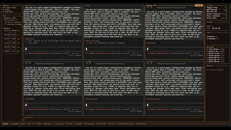 Potato terminal cockpit demo showing agent panes and coordination UI.