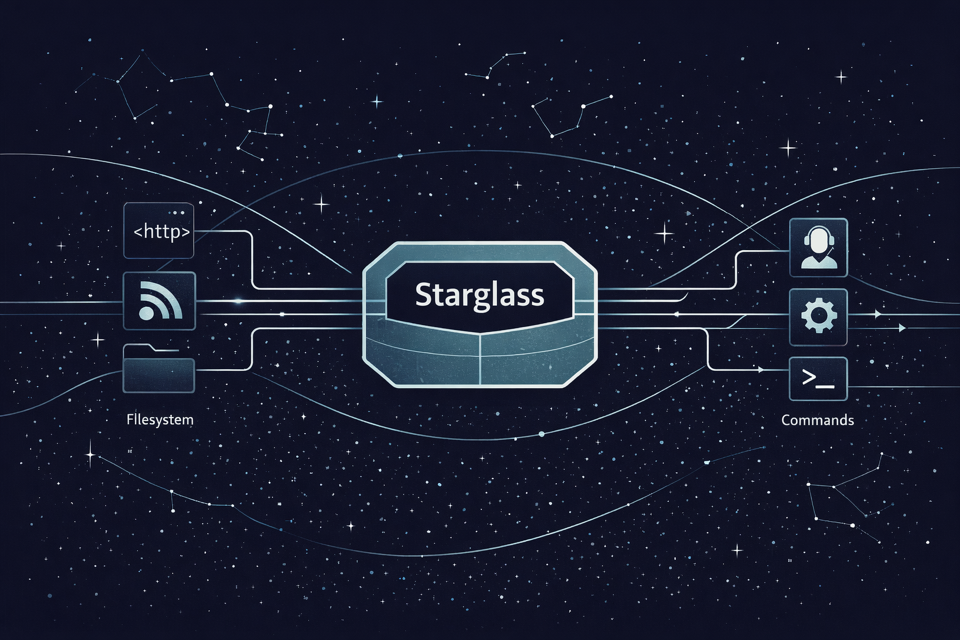 Starglass banner showing sources flowing through the observation runtime to downstream agents and commands.