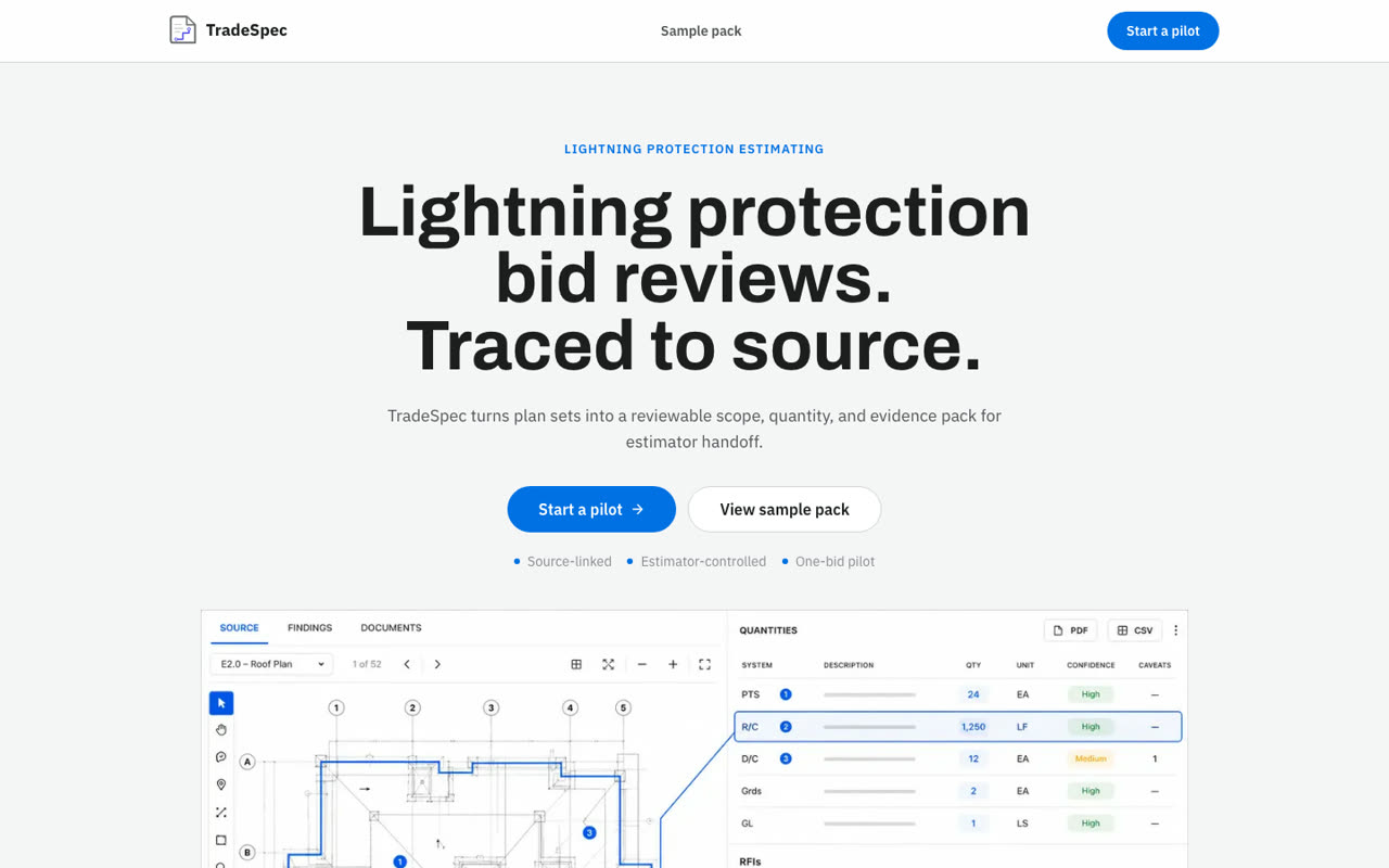 TradeSpec marketing site showing lightning protection bid reviews traced to source.